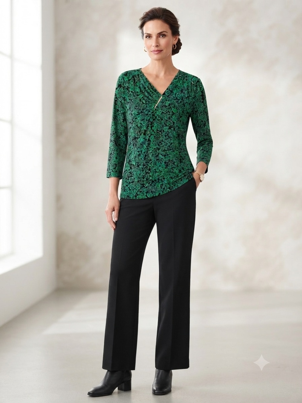 Liz Claiborne Green Printed Wrap-Style Top with Black Pants - Picture 1 of 4